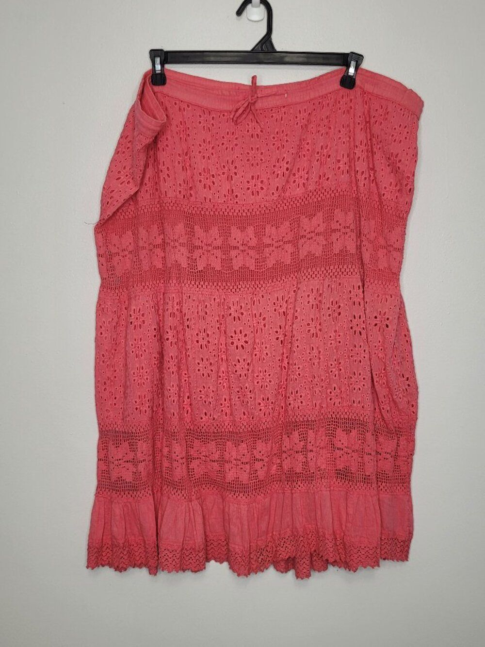 Signature pink coral crochet open knit drawstring boho y2k midi skirt size 2x